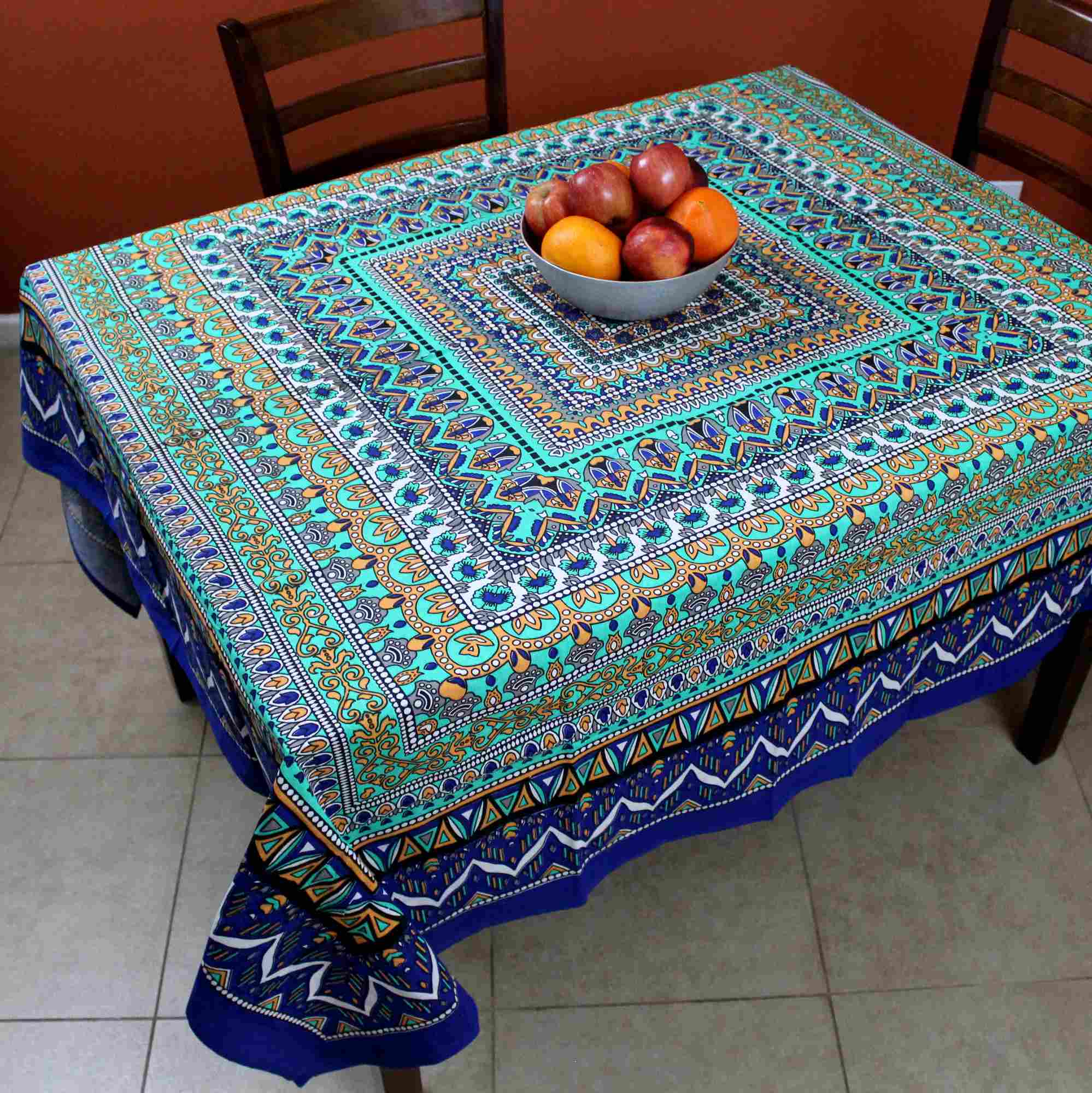 Floral Mandala Cotton Tablecloth Blue Green Beach Sheet Round Square - Sweet Us