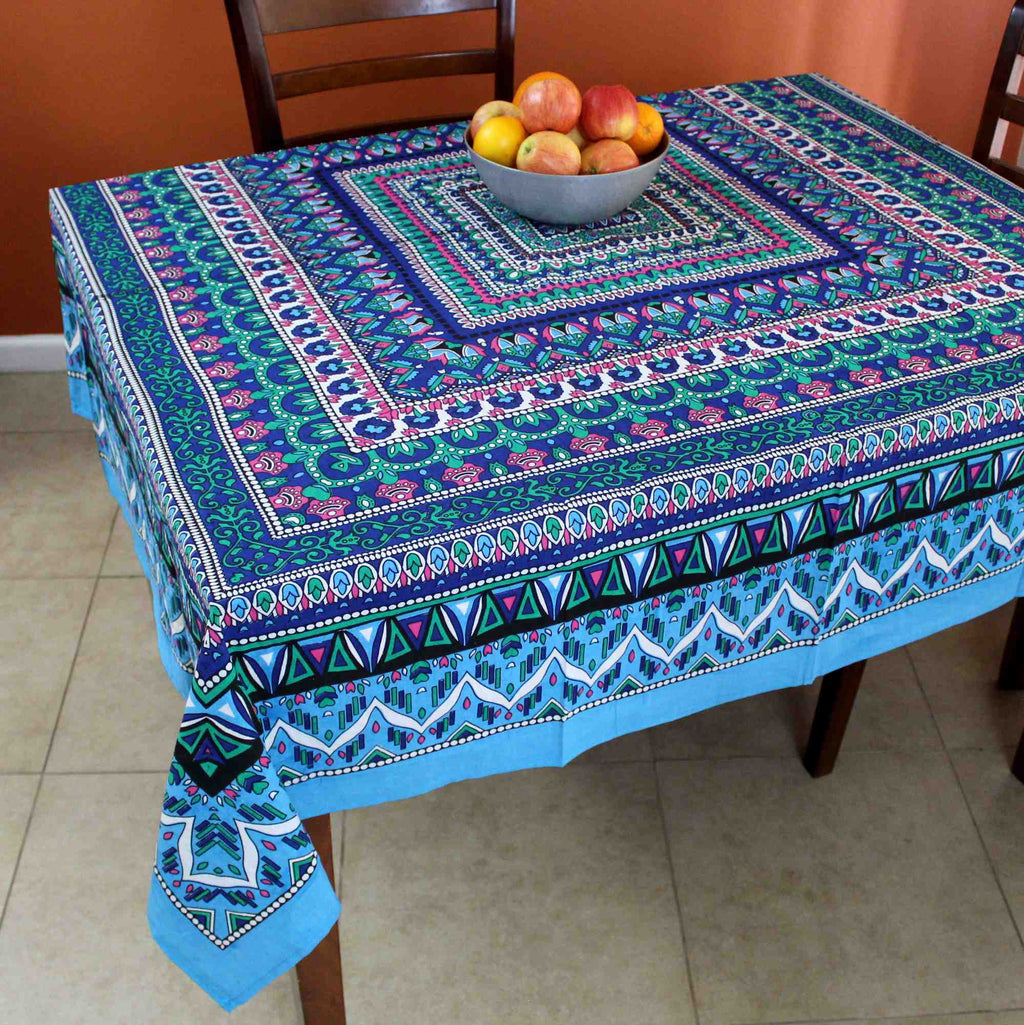 Floral Mandala Cotton Tablecloth Blue Green Beach Sheet Round Square - Sweet Us