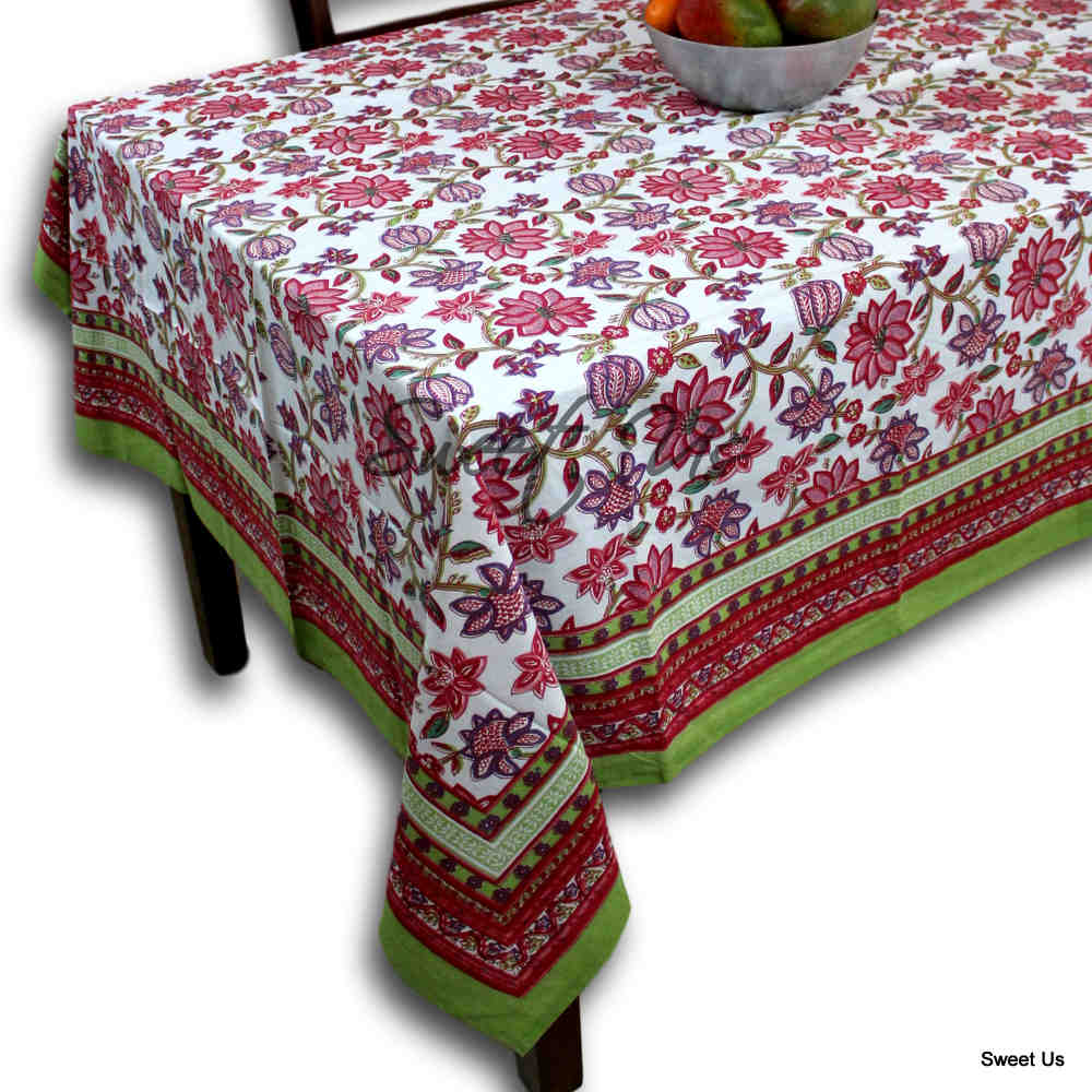 Cotton Floral Tablecloth Rectangle White Pink Red Kitchen Dining Linen