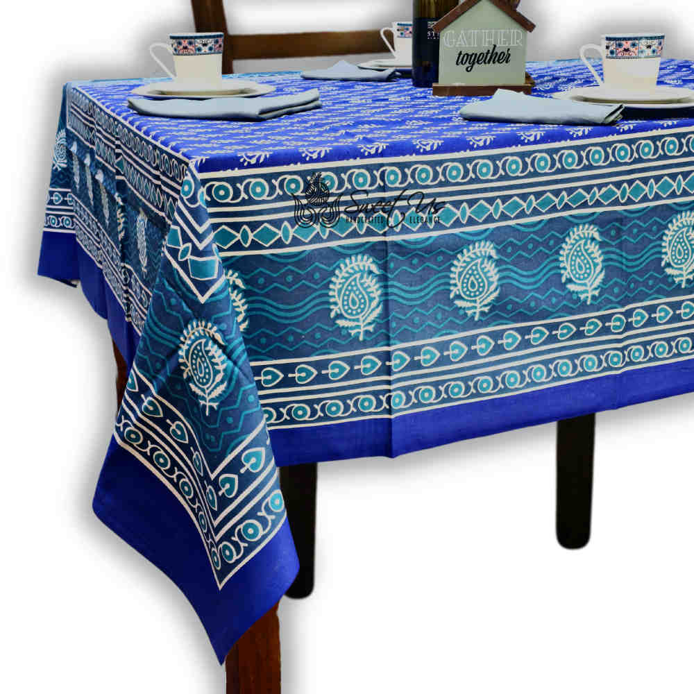 Calla Paisley Floral Cotton Tablecloth Rectangle, Blue Coast