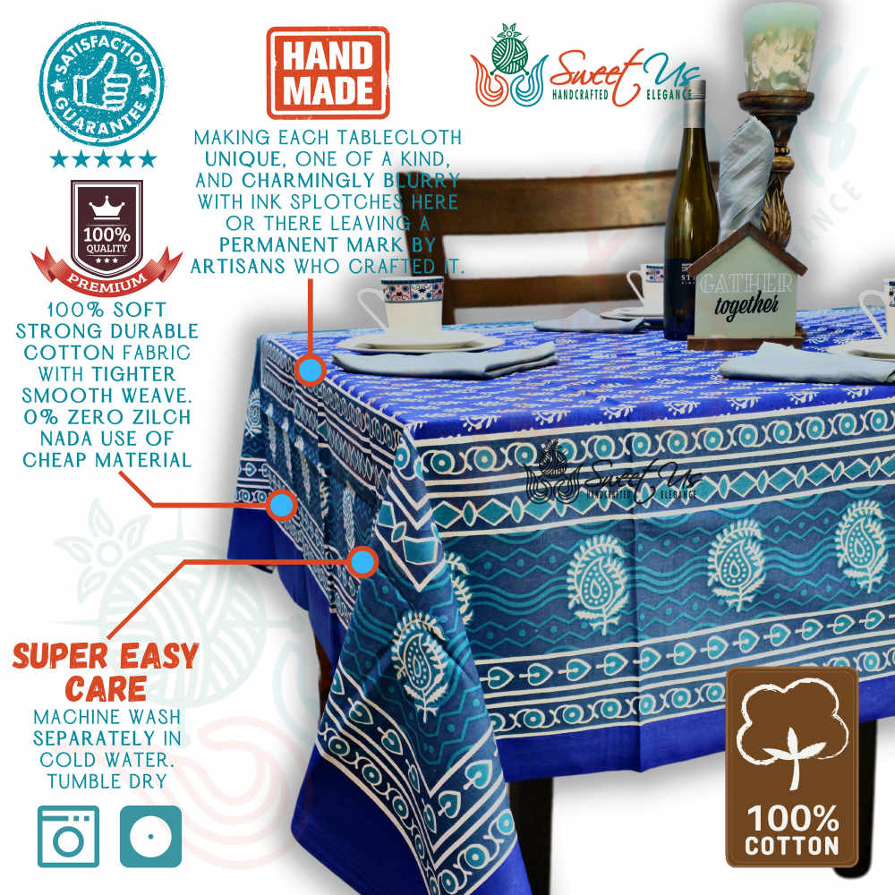 Calla Paisley Floral Cotton Tablecloth Rectangle, Blue Coast