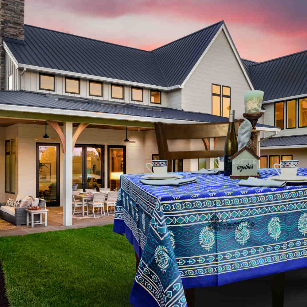 Calla Paisley Floral Cotton Tablecloth Rectangle, Blue Coast