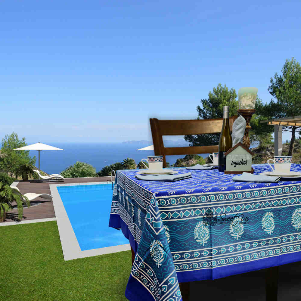 Calla Paisley Floral Cotton Tablecloth Rectangle, Blue Coast