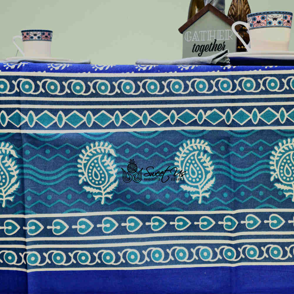 Calla Paisley Floral Cotton Tablecloth Rectangle, Blue Coast