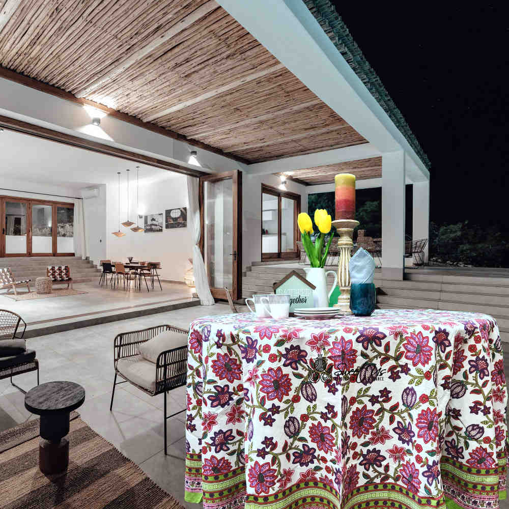 Cotton Floral Tablecloth Round White Pink Red Kitchen Dining Linen