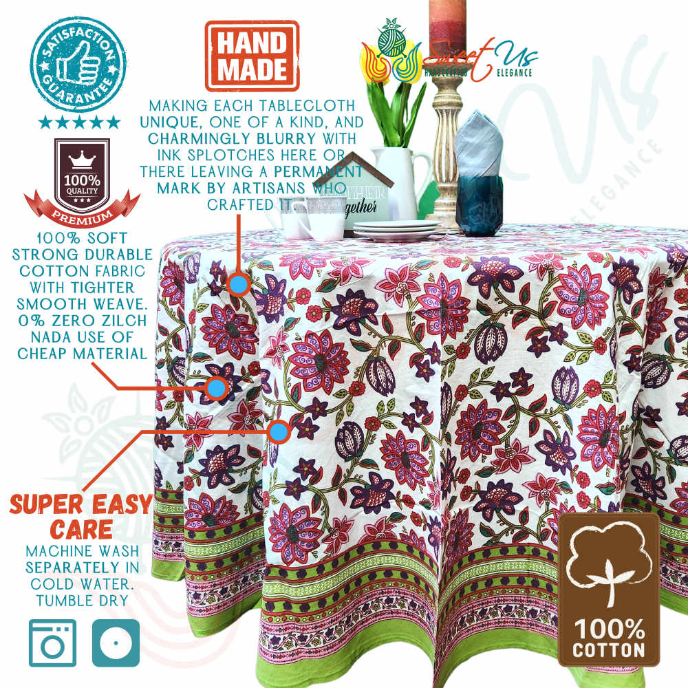 Cotton Floral Tablecloth Round White Pink Red Kitchen Dining Linen