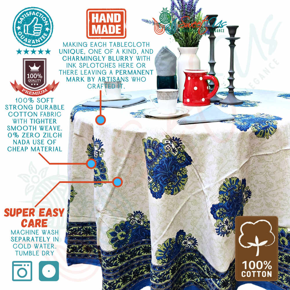 Cotton Tuscan Sunrise Floral Tablecloth Round Blue Green White