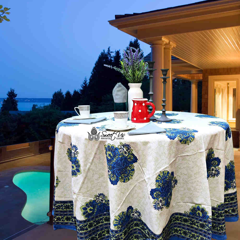 Cotton Tuscan Sunrise Floral Tablecloth Round Blue Green White