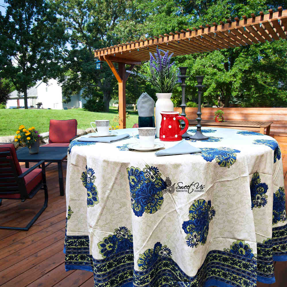 Cotton Tuscan Sunrise Floral Tablecloth Round Blue Green White