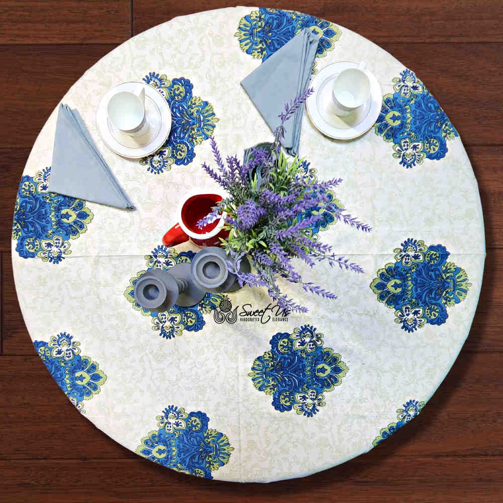 Cotton Tuscan Sunrise Floral Tablecloth Round Blue Green White