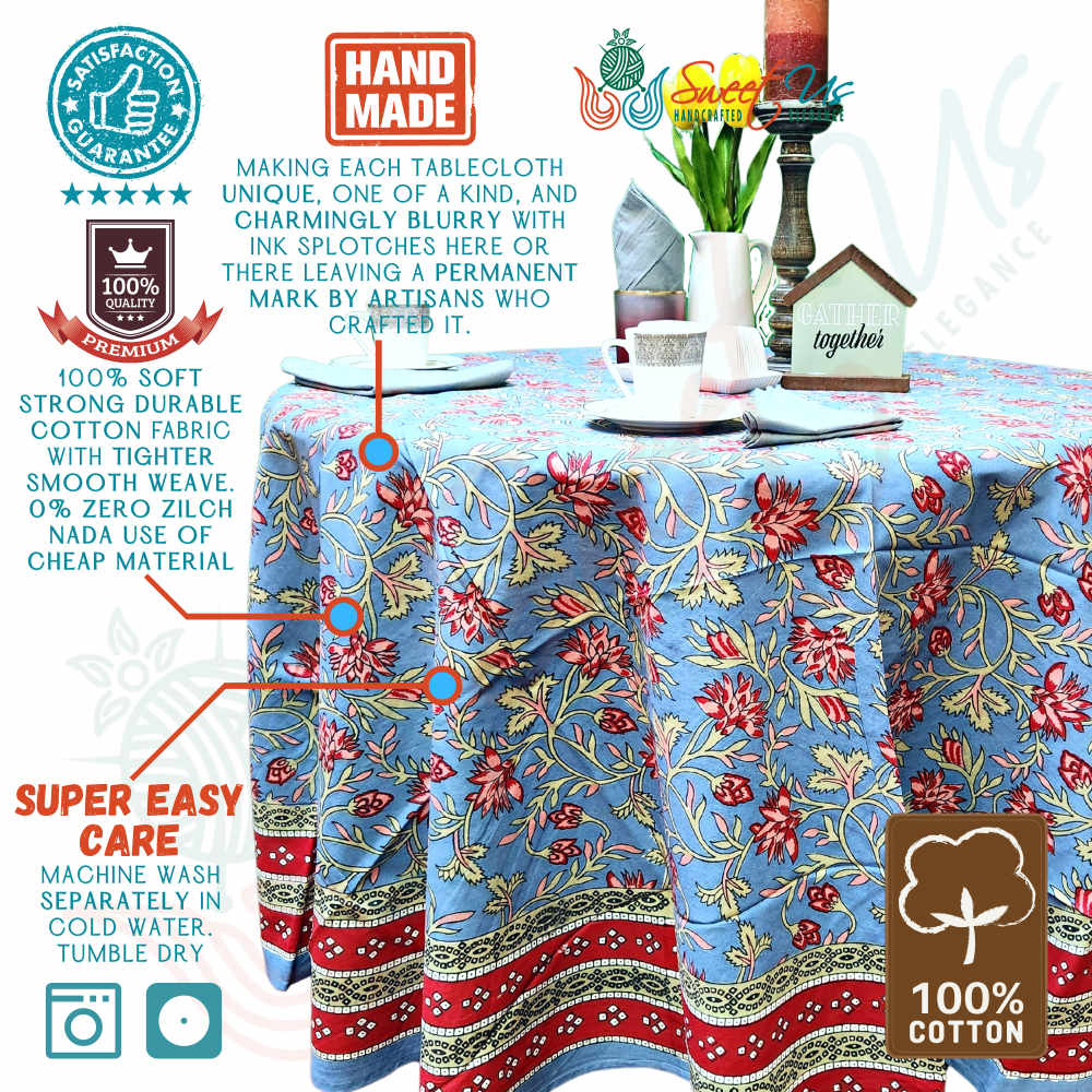 Fleurine Cotton Floral Tablecloth Round Soft Blue, Red, Pink