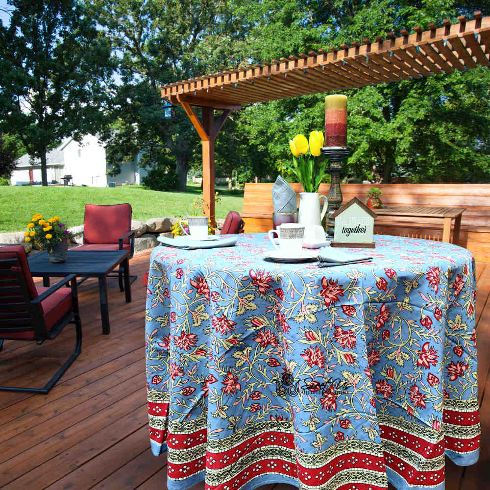 Fleurine Cotton Floral Tablecloth Round Soft Blue, Red, Pink