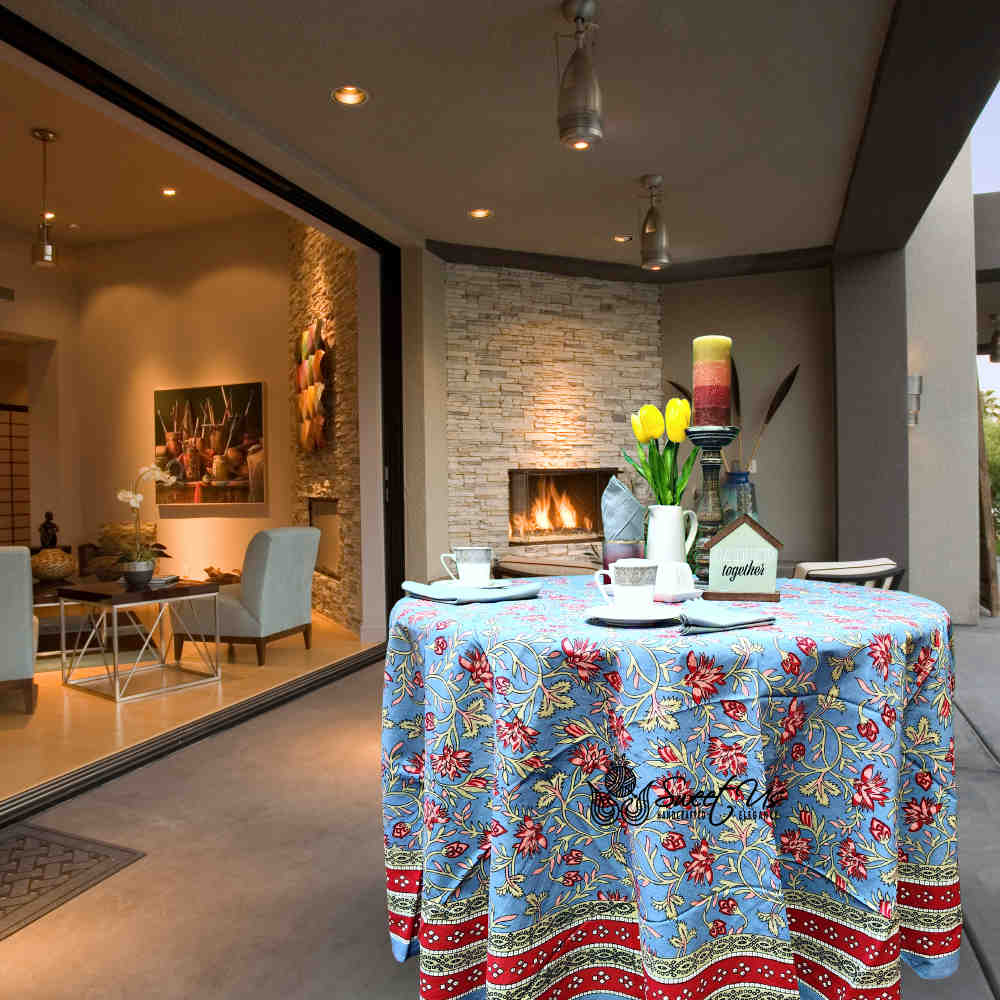 Fleurine Cotton Floral Tablecloth Round Soft Blue, Red, Pink