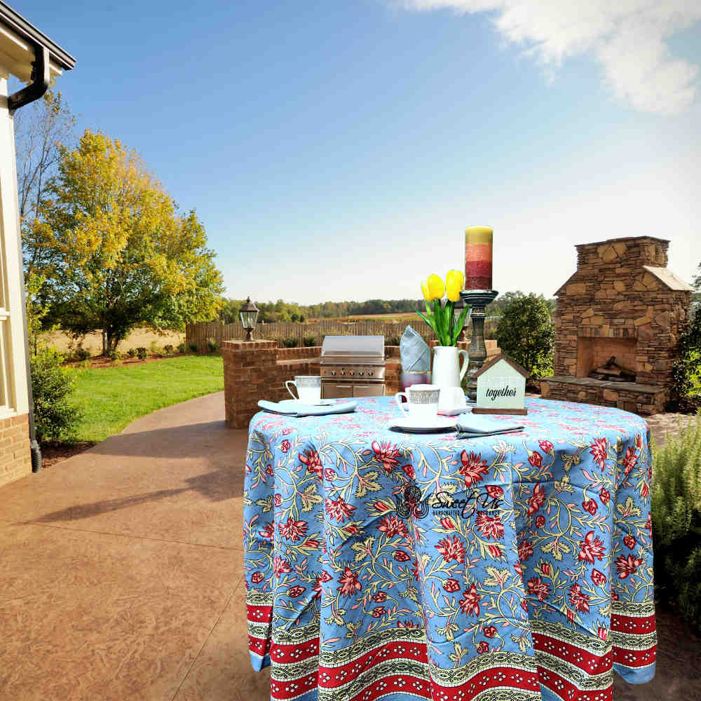 Fleurine Cotton Floral Tablecloth Round Soft Blue, Red, Pink