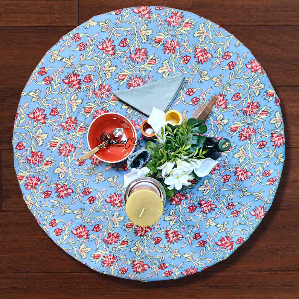 Fleurine Cotton Floral Tablecloth Round Soft Blue, Red, Pink