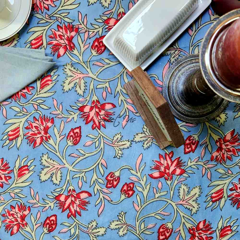 Fleurine Cotton Floral Tablecloth Round Soft Blue, Red, Pink