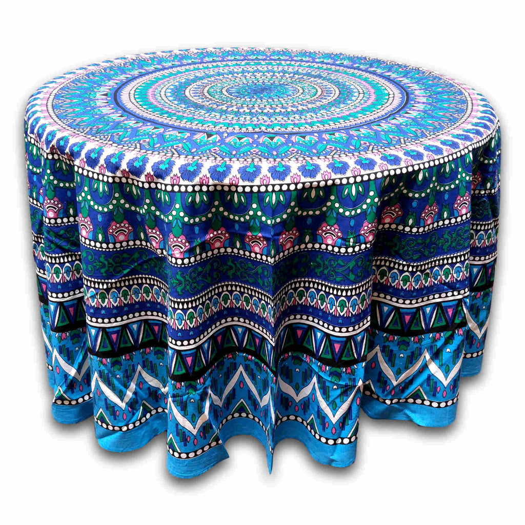Floral Mandala Cotton Tablecloth Blue Green Beach Sheet Round Square - Sweet Us