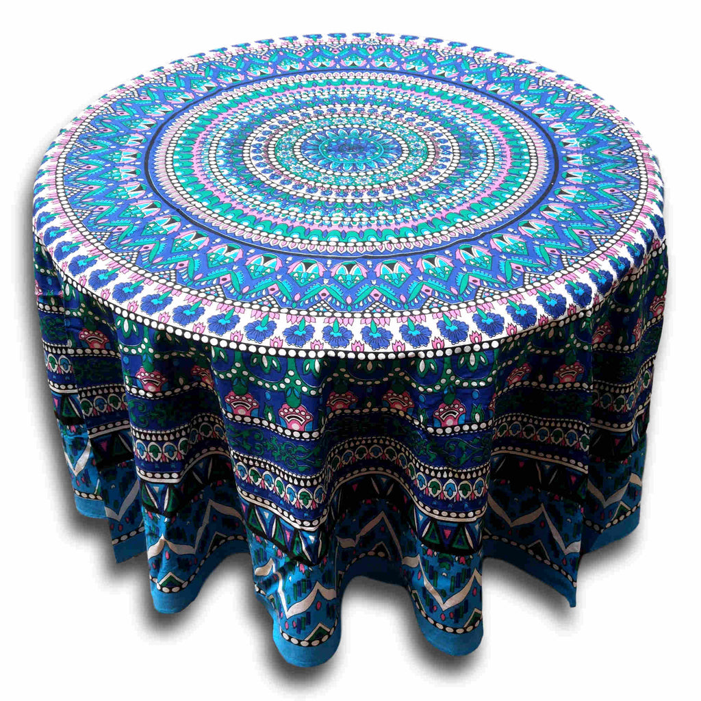 Floral Mandala Cotton Tablecloth Blue Green Beach Sheet Round Square - Sweet Us