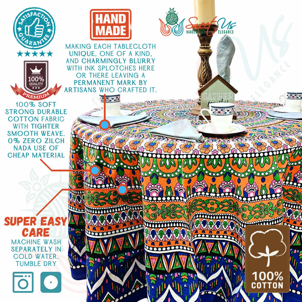 Kaleidoscope Blooms Vibrant Floral Cotton Tablecloth Round, Tropical Breeze