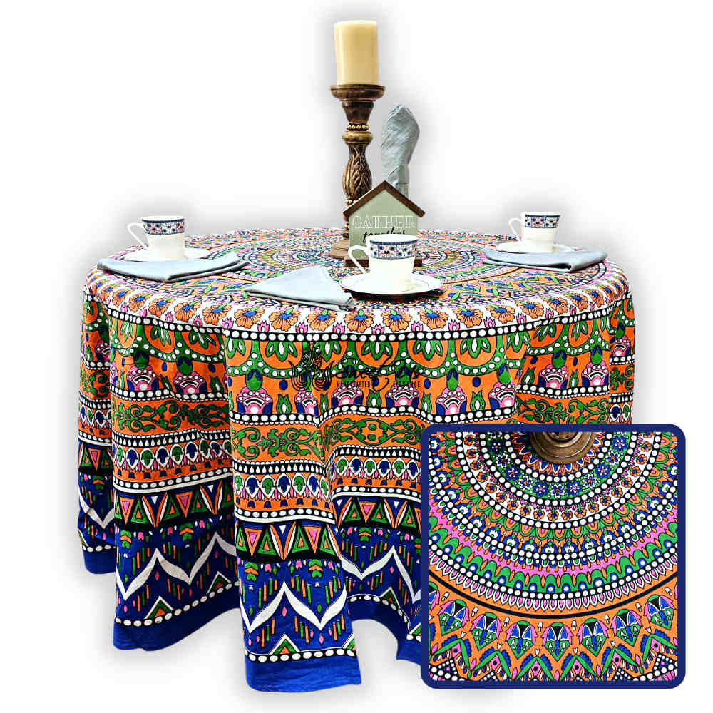 Kaleidoscope Blooms Vibrant Floral Cotton Tablecloth Round, Tropical Breeze