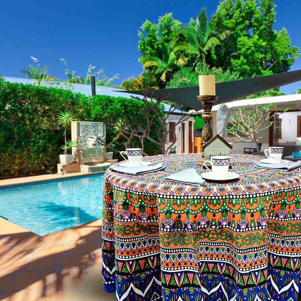 Kaleidoscope Blooms Vibrant Floral Cotton Tablecloth Round Blue Orange Green