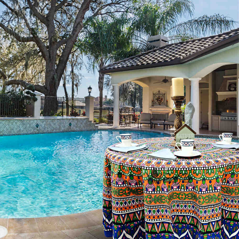 Kaleidoscope Blooms Vibrant Floral Cotton Tablecloth Round, Tropical Breeze