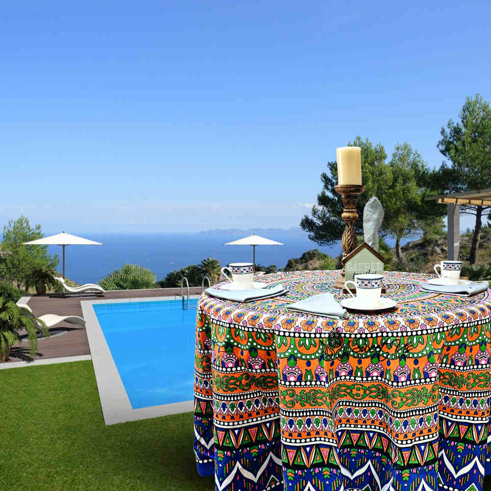 Kaleidoscope Blooms Vibrant Floral Cotton Tablecloth Round, Tropical Breeze