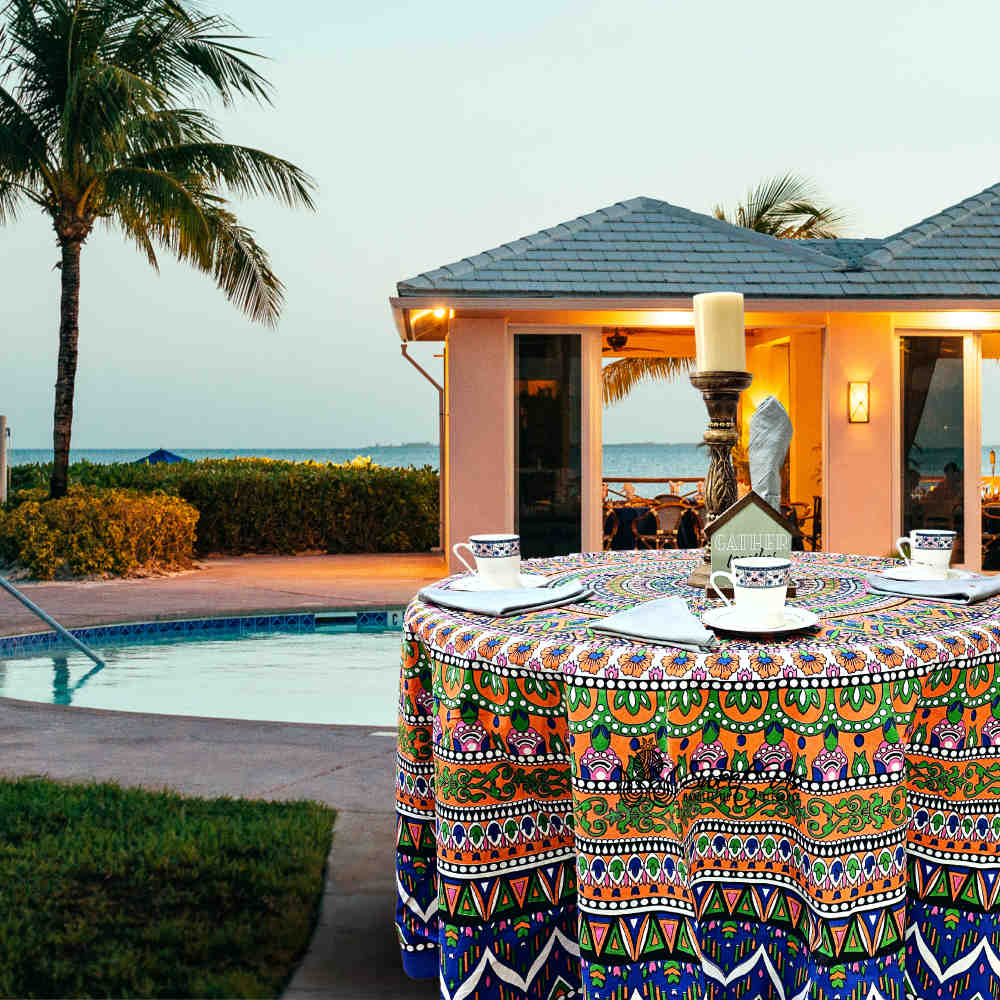 Kaleidoscope Blooms Vibrant Floral Cotton Tablecloth Round, Tropical Breeze