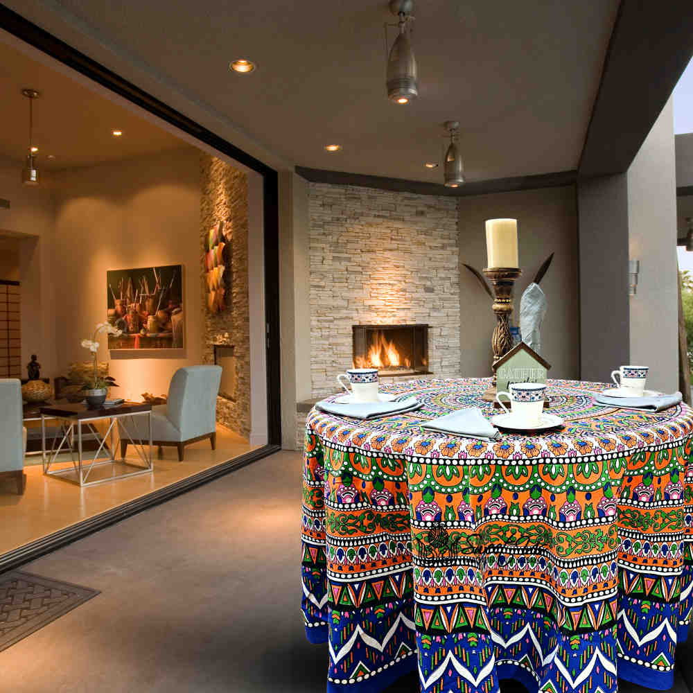 Kaleidoscope Blooms Vibrant Floral Cotton Tablecloth Round, Tropical Breeze