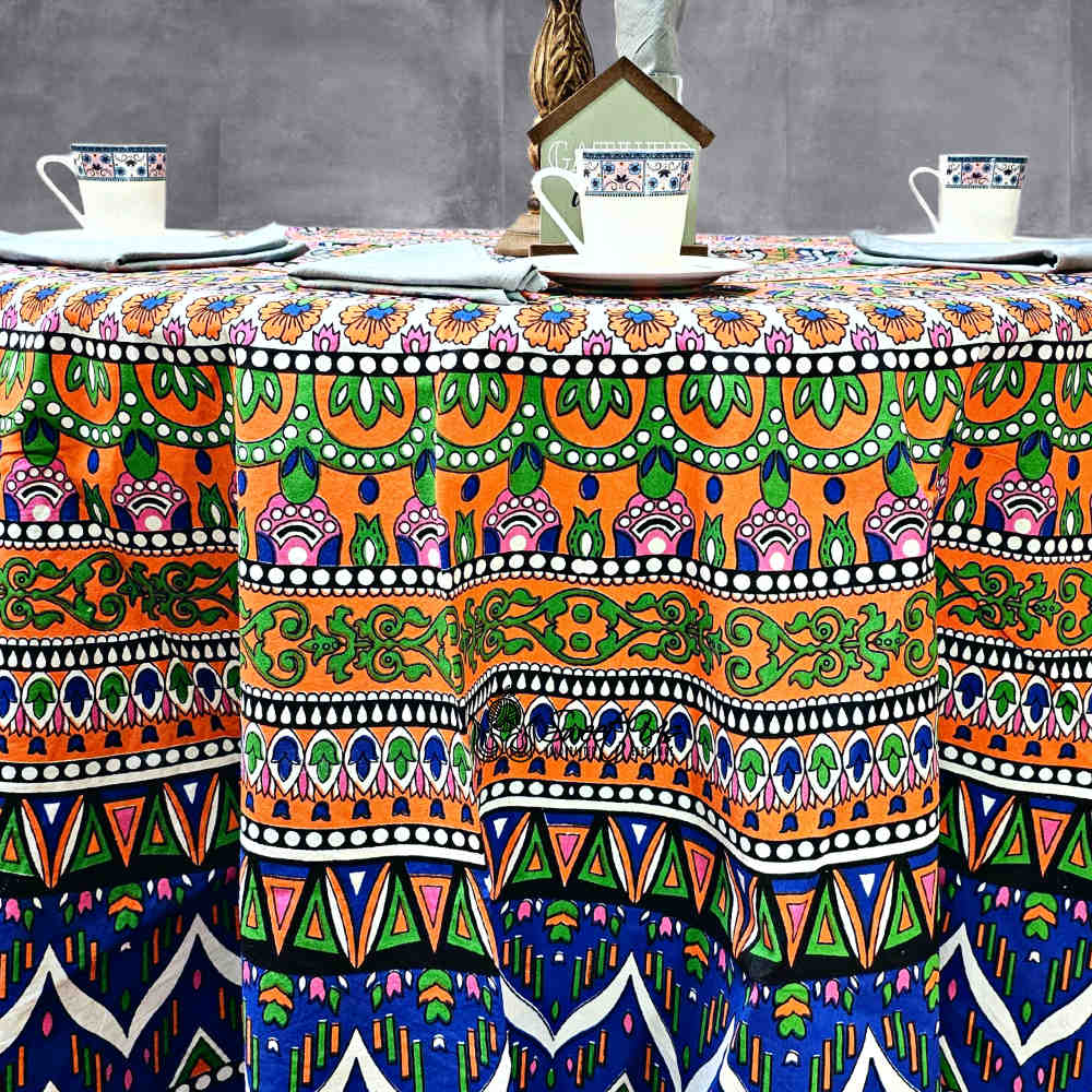 Kaleidoscope Blooms Vibrant Floral Cotton Tablecloth Round, Tropical Breeze