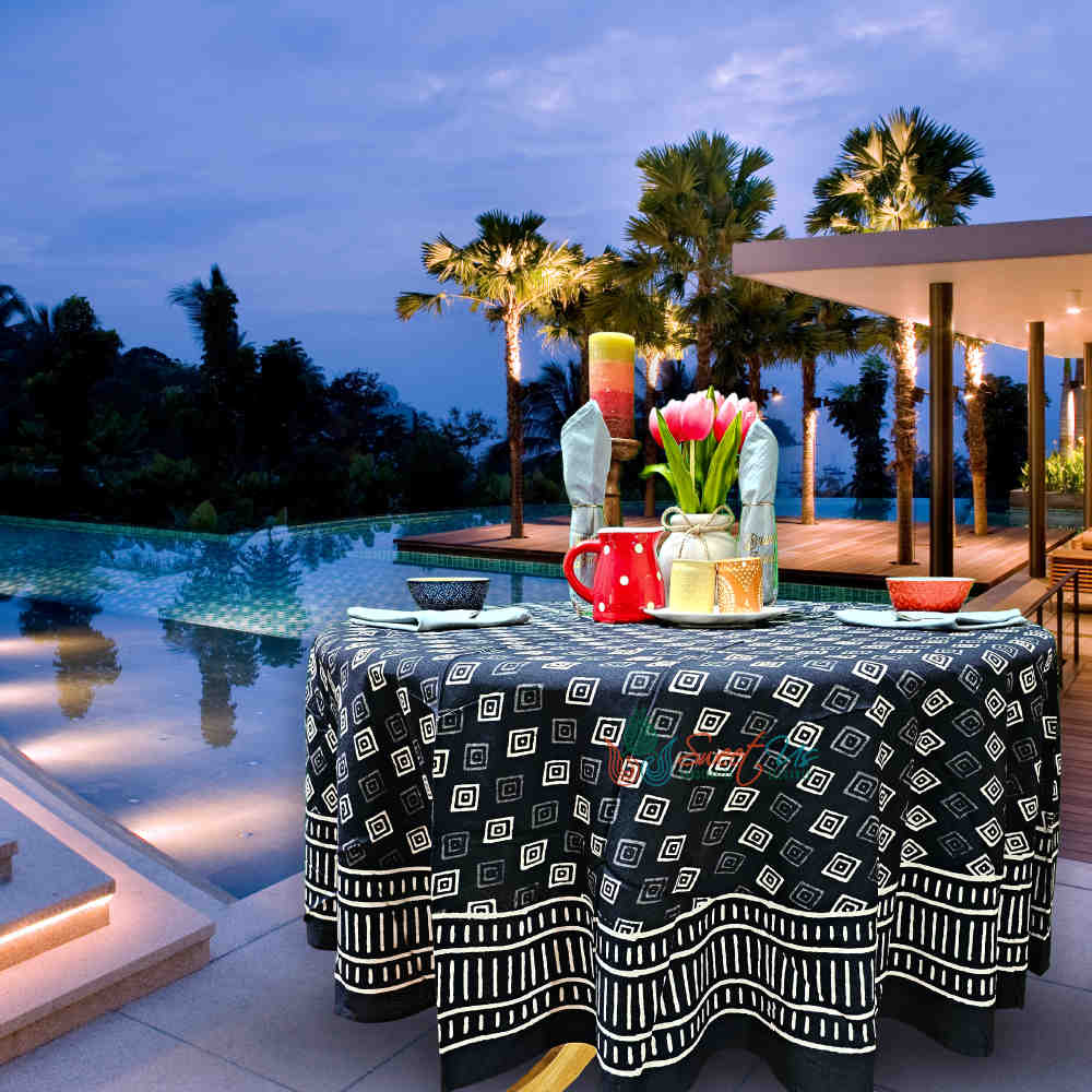 Cotton Block Print Diamond Dazzle Tablecloth Round, Black White
