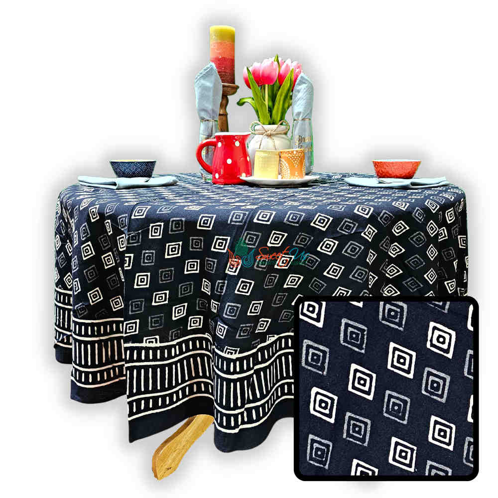 Cotton Block Print Diamond Dazzle Tablecloth Round, Black White