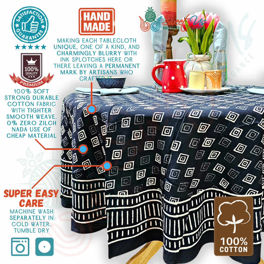 Cotton Block Print Diamond Dazzle Tablecloth Round, Black White