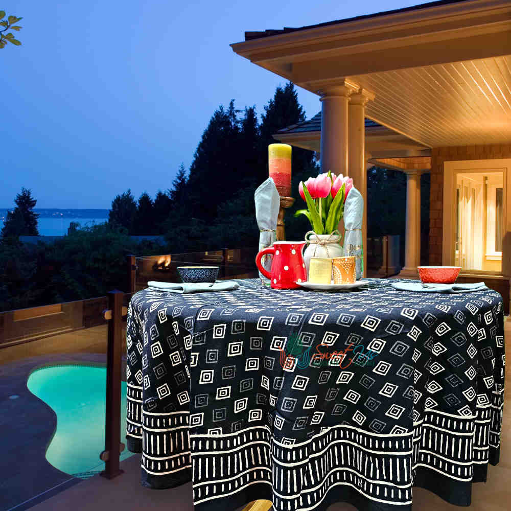 Cotton Block Print Diamond Dazzle Tablecloth Round, Black White