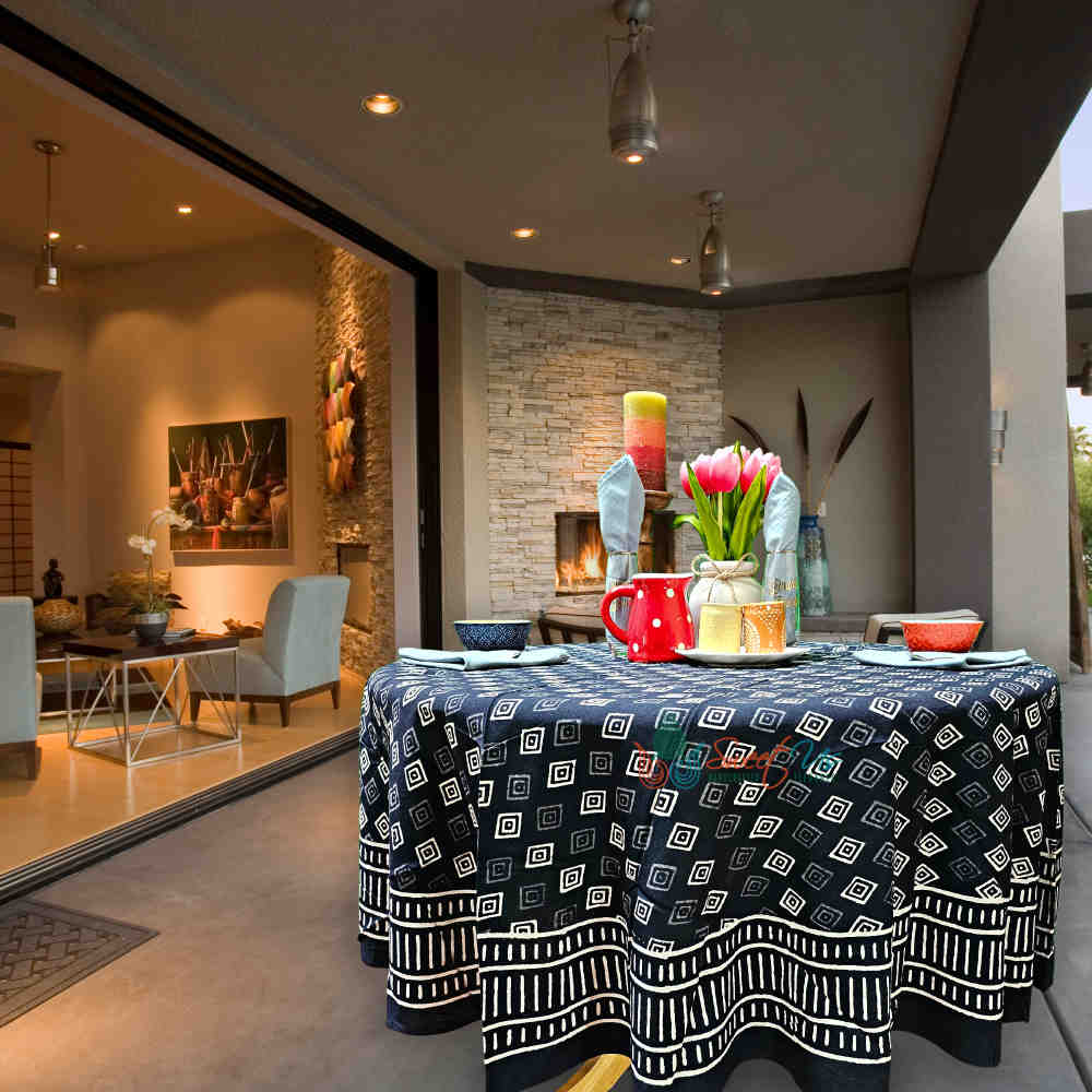 Cotton Block Print Diamond Dazzle Tablecloth Round, Black White