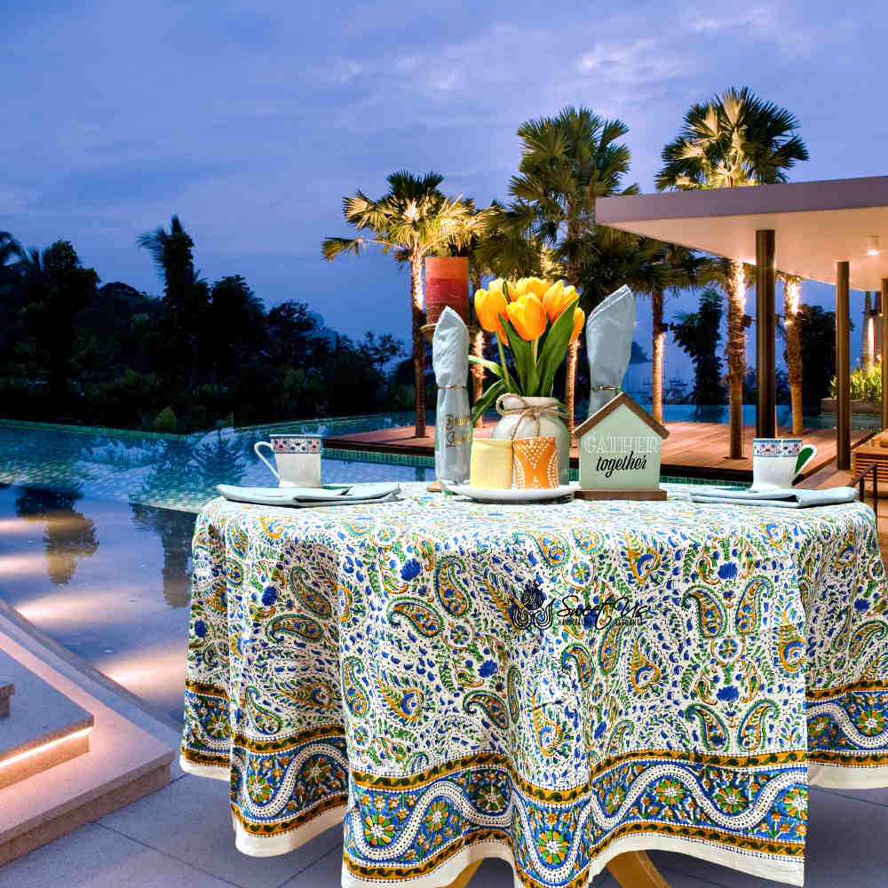 Cotton Block Print Paisley Floral Tablecloth Round 72 inch White Gold Blue