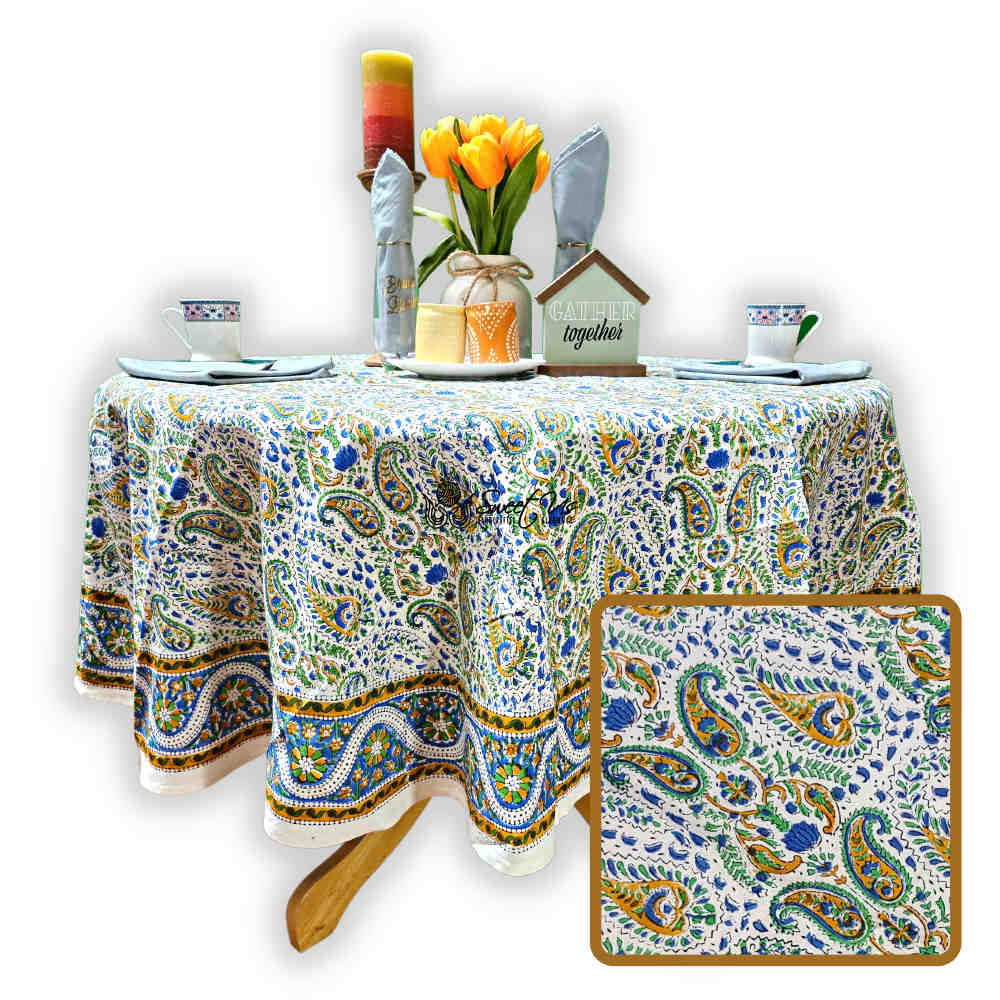 Cotton Block Print Paisley Floral Tablecloth Round 72 inch White Gold Blue