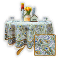 Cotton Block Print Paisley Floral Tablecloth Round 72 inch White Gold Blue - Sweet Us