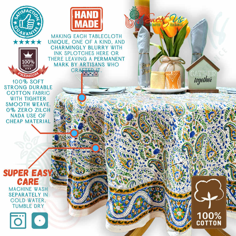 Cotton Block Print Paisley Floral Tablecloth Round 72 inch White Gold Blue