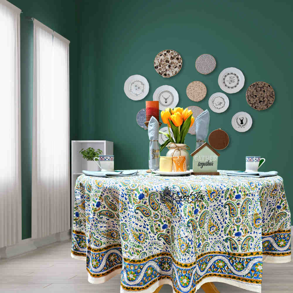 Cotton Block Print Paisley Floral Tablecloth Round 72 inch White Gold Blue