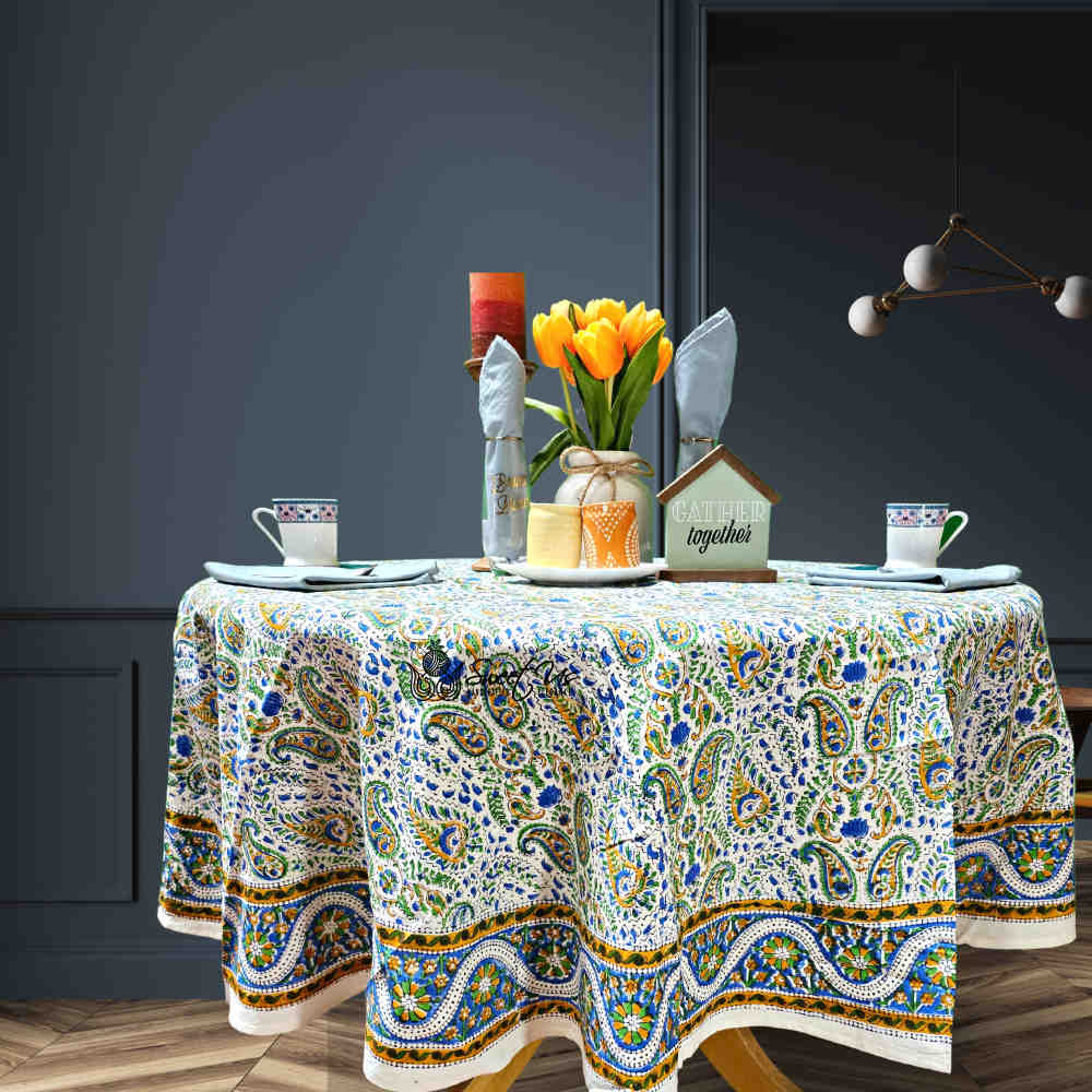 Cotton Block Print Paisley Floral Tablecloth Round 72 inch White Gold Blue