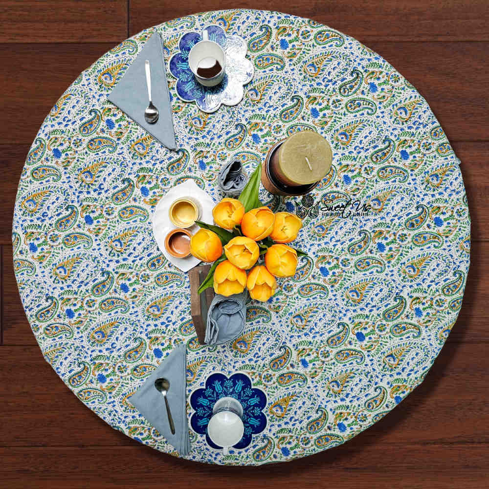Cotton Block Print Paisley Floral Tablecloth Round 72 inch White Gold Blue