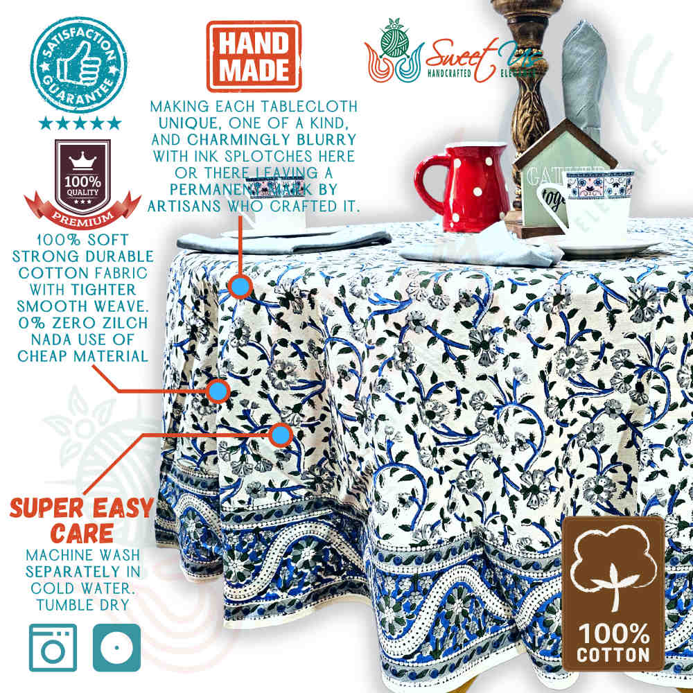 Botanical Serenity Block Print Cotton Floral Round Tablecloth White