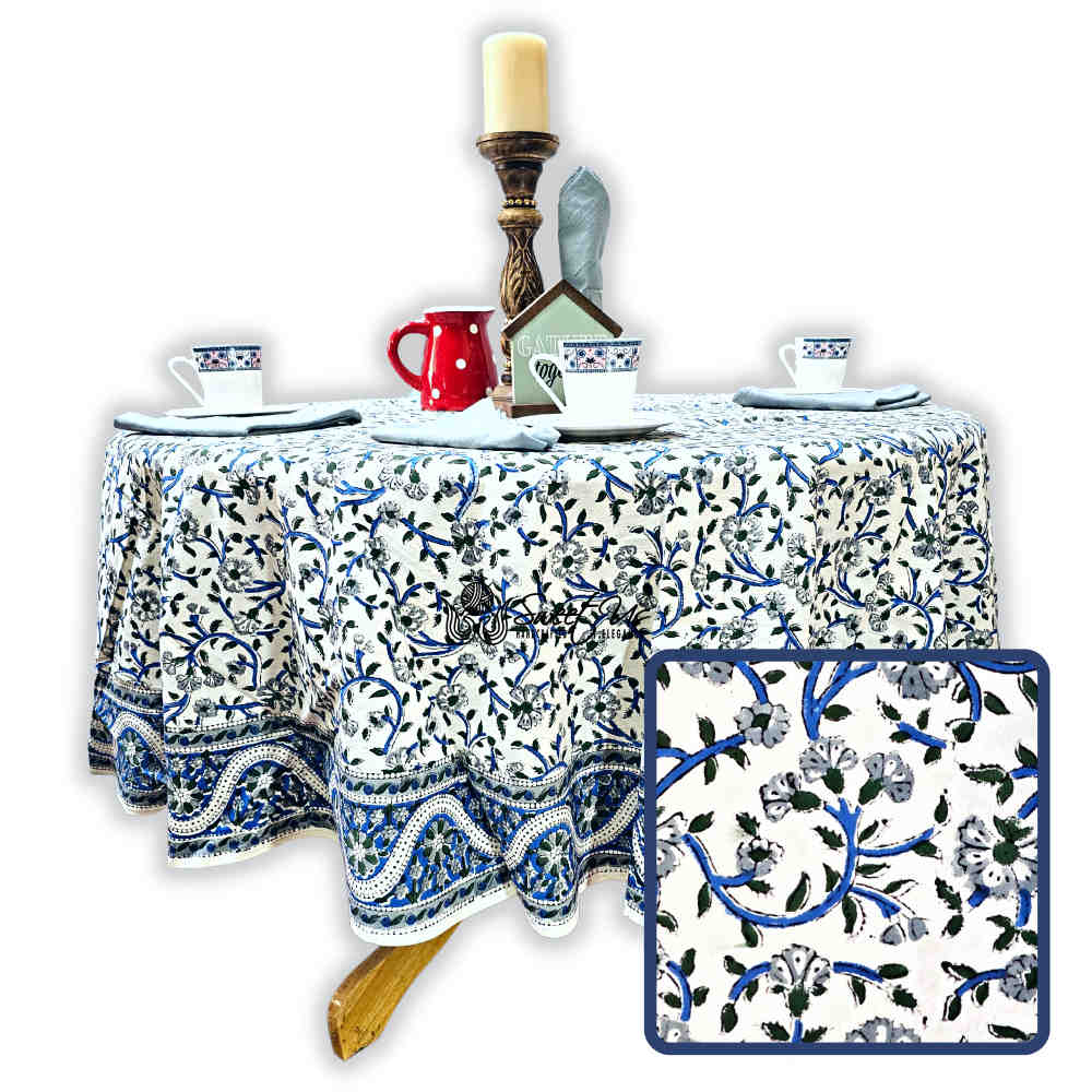 Botanical Serenity Block Print Cotton Floral Round Tablecloth White