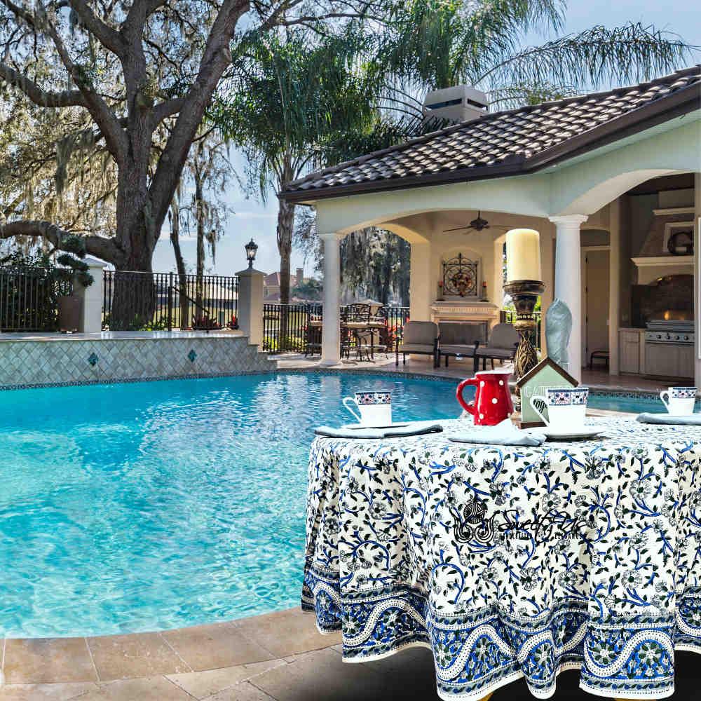 Botanical Serenity Block Print Cotton Floral Round Tablecloth White