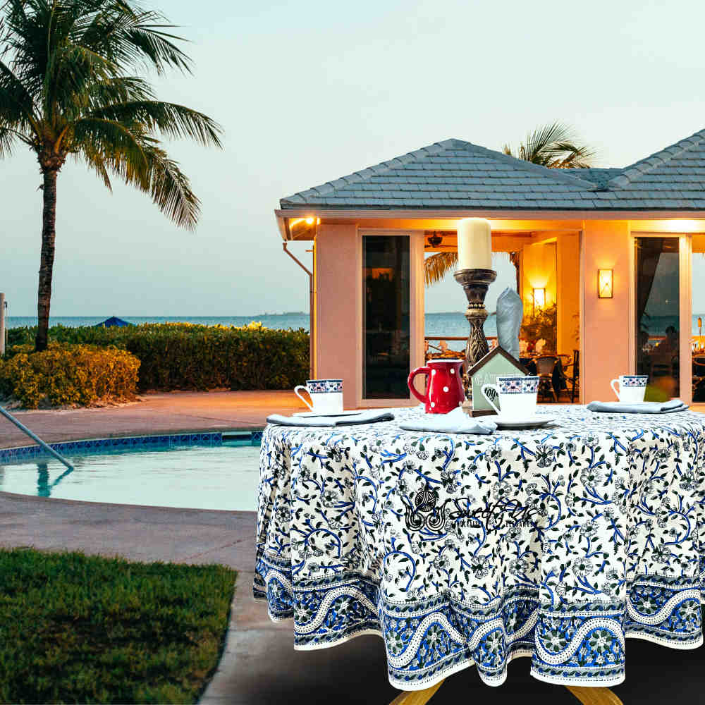 Botanical Serenity Block Print Cotton Floral Round Tablecloth White