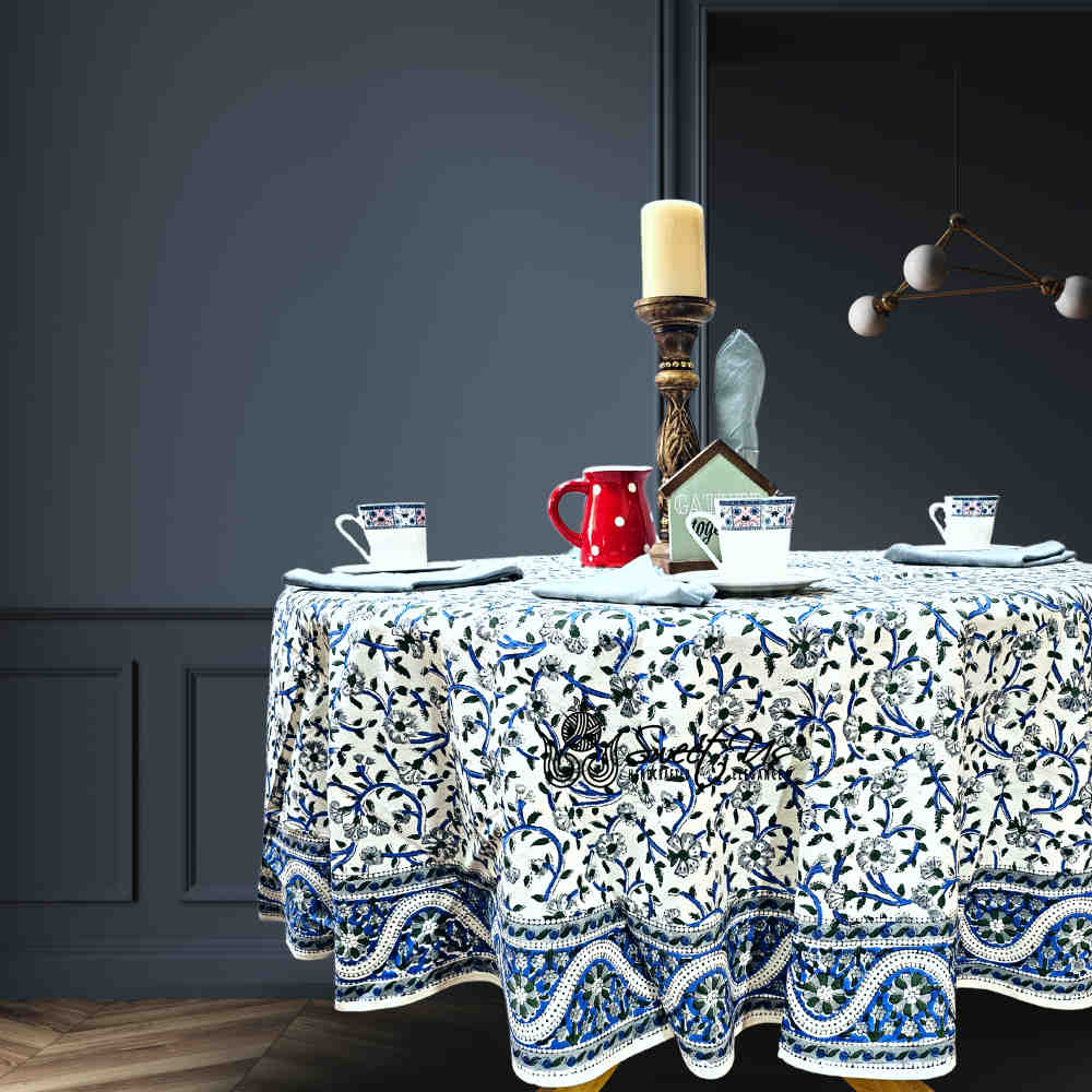 Botanical Serenity Block Print Cotton Floral Round Tablecloth White