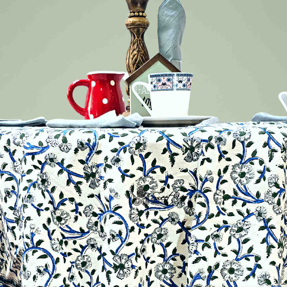 Botanical Serenity Block Print Cotton Floral Round Tablecloth White