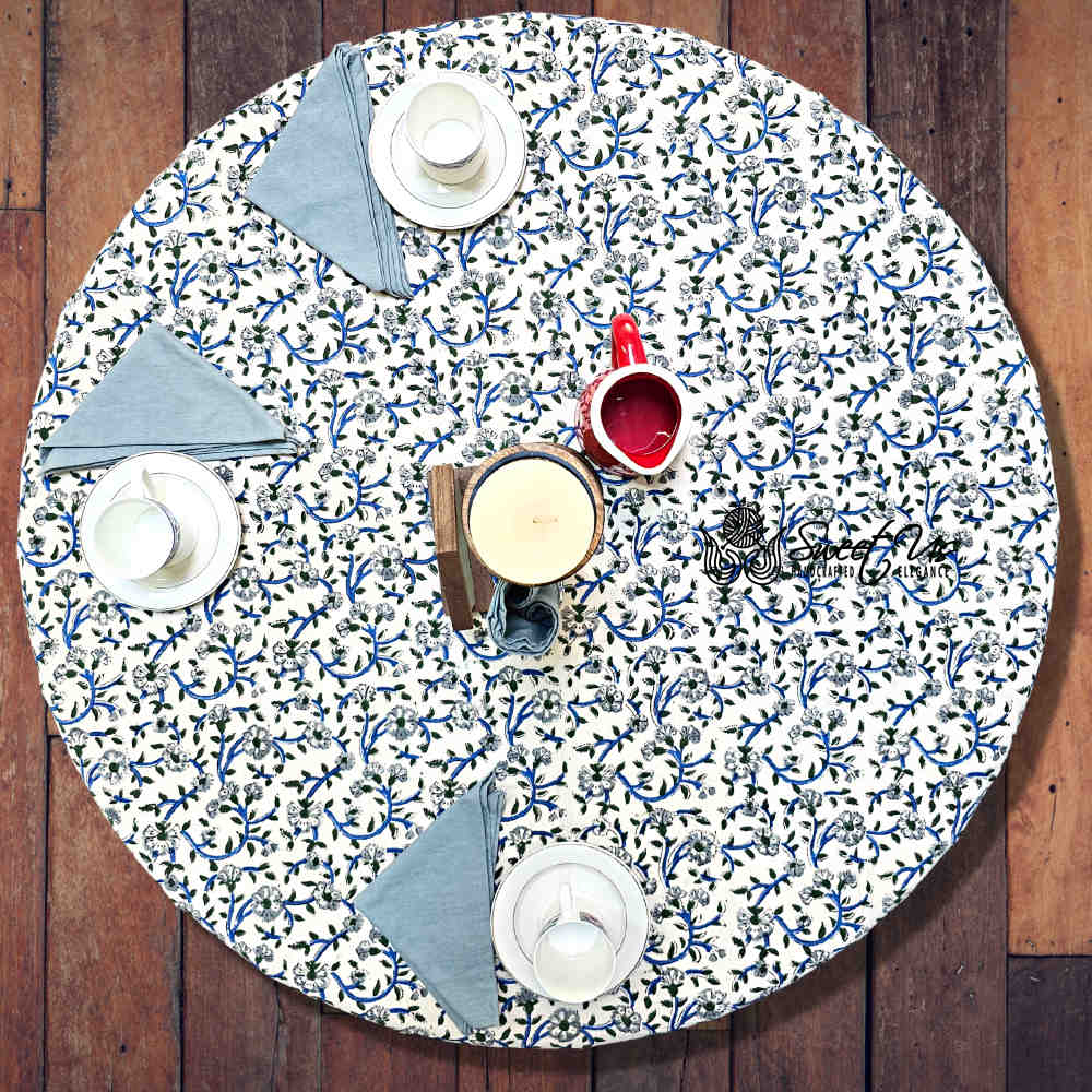 Botanical Serenity Block Print Cotton Floral Round Tablecloth White