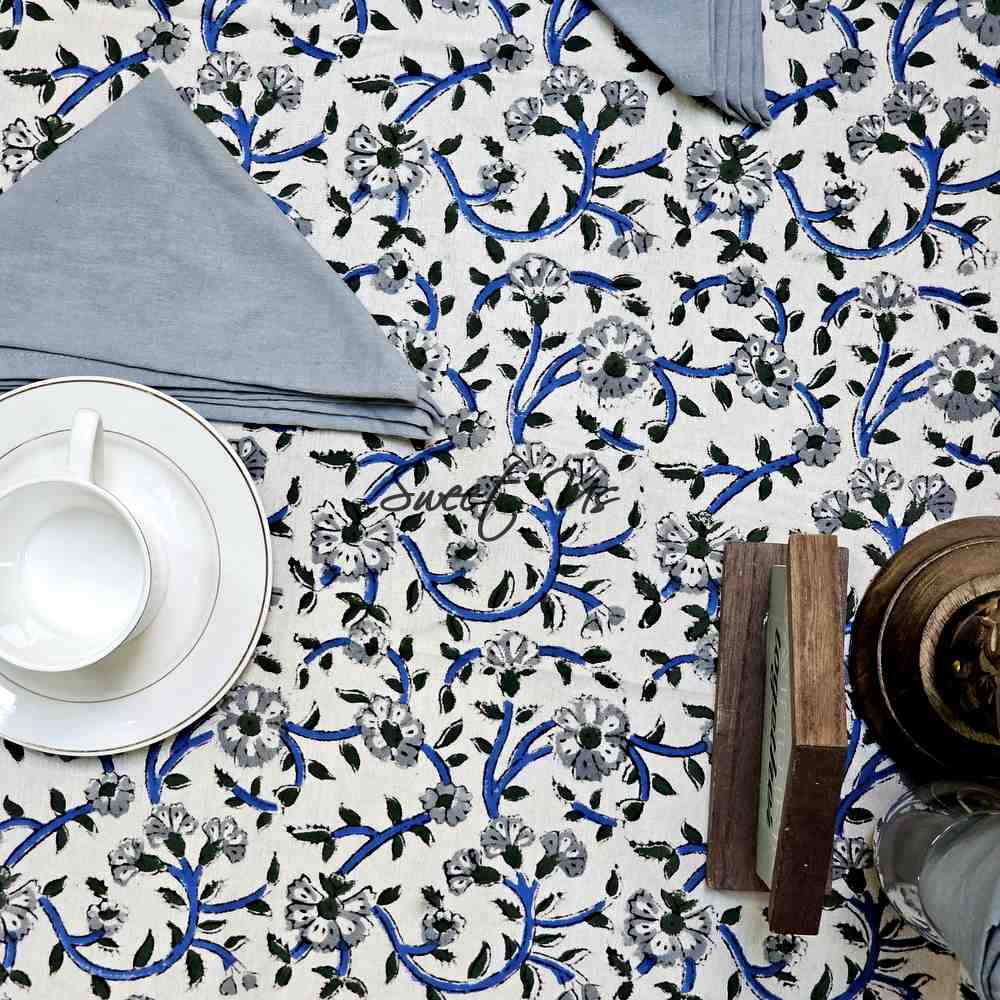 Botanical Serenity Block Print Cotton Floral Round Tablecloth White